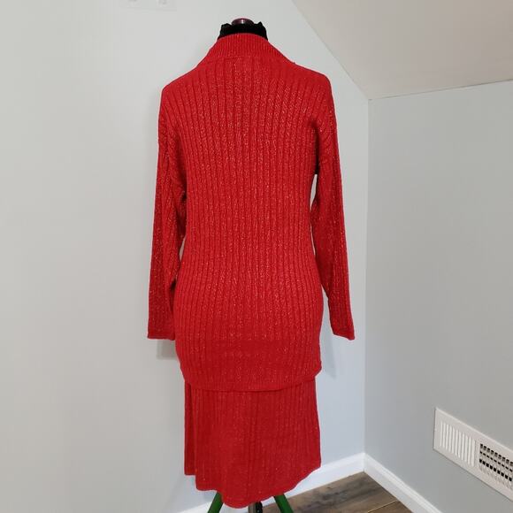 Vintage Mathias Red and Silver Metallic Knit Sweater Skirt Suit Medium - Picture 5 of 11